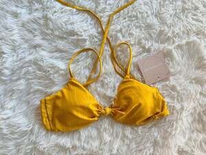 Kittenish Yellow Striped Tie-Front Bikini Top Size S